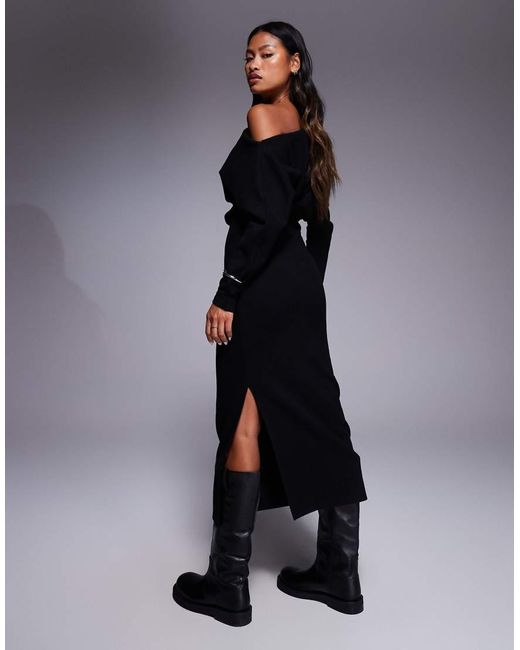 Vestito Midi Morbidissimo A Maniche Lunghe Con Spalla Scivolata di ASOS in Black