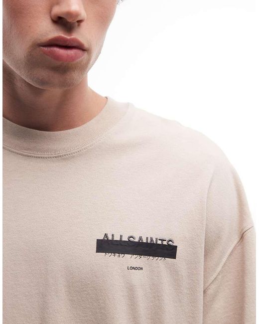 AllSaints Natural Redact Oversized Embroidered Logo T-shirt With Back Print for men