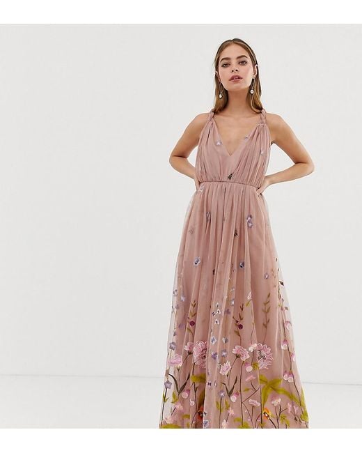 ASOS Blue Asos Design Petite Tulle Maxi Dress With Delicate Floral Embroidery And Twist Straps