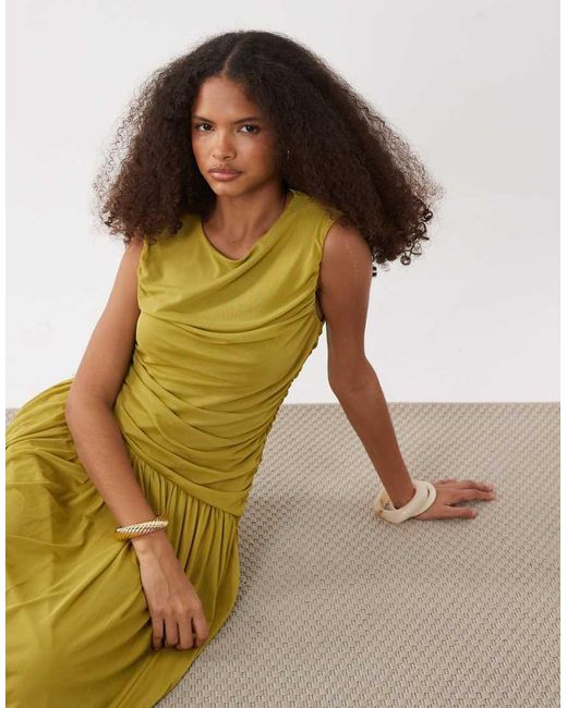 Vero Moda Green Sleeveless Ruched Detail Maxi Dress With Asymmetric Waist