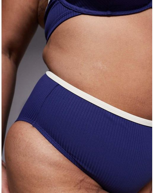 ASOS Blue Asos Design Curve Ronnie Ribbed Contrast Binding Azores High Leg High Waist Bikini Bottom
