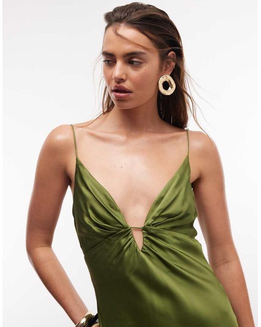 Mango Green Satin Deep V Strappy Maxi Dress