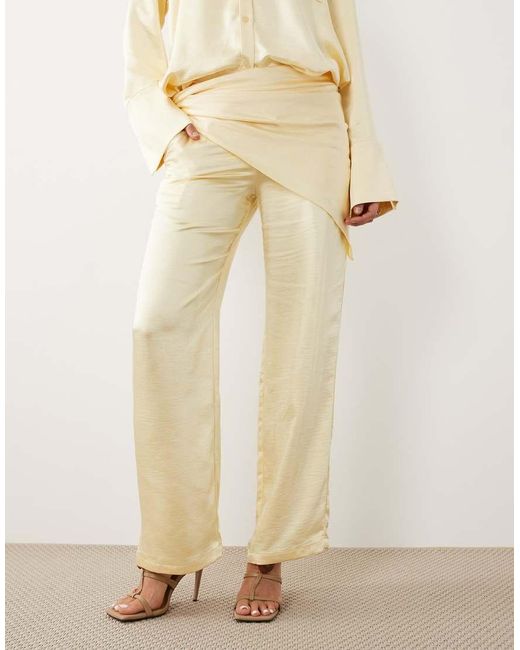 4th & Reckless Natural Satin Wrap Tie Detail Wide Leg Trousers Co-Ord