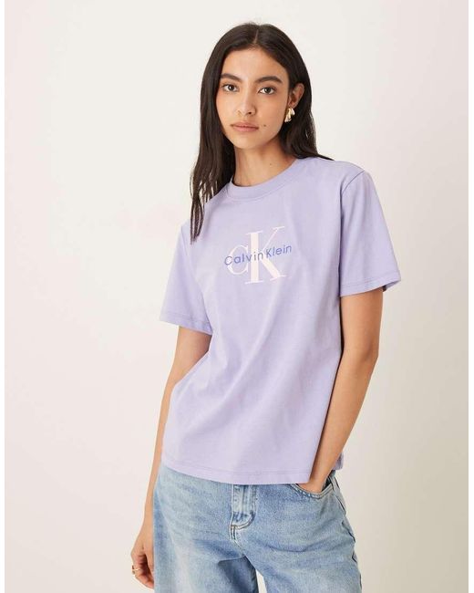 T-Shirt A Maniche Corte Lilla Con Logo A Monogramma Classico di Calvin Klein in Purple
