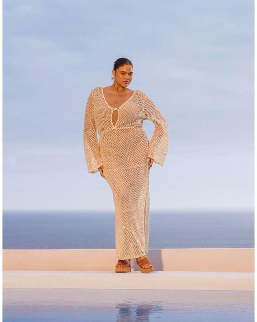 South Beach Women's Natural Silver Sequin Maxi Beach Dress