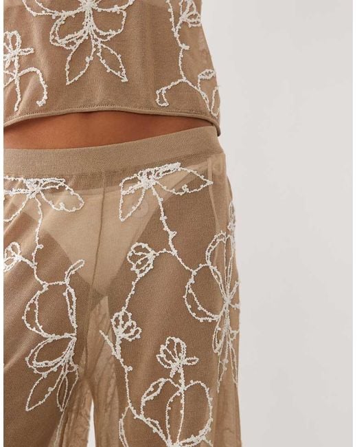 Miss Selfridge Natural Beach Premium Sheer Knit Embroidered Wide Leg Pants