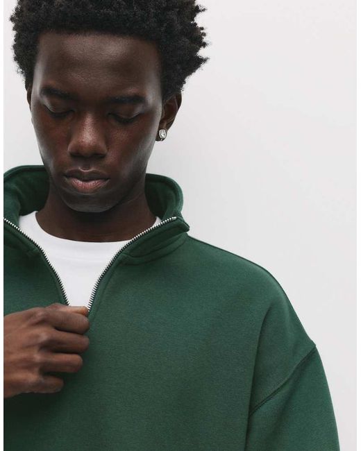 Pull&Bear Green Basic Quarter-Zip Sweatshirt for men