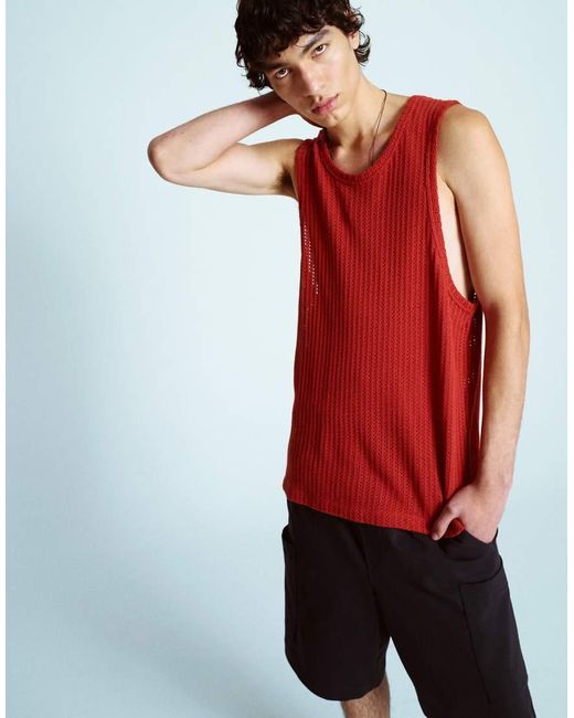 Topman Red Relaxed Fit Knitted Crochet Vest for men