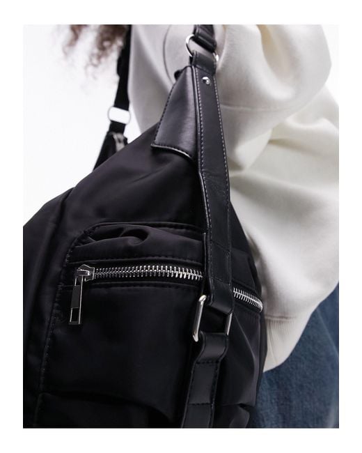 TOPSHOP Black Tate Slouchy Nylon Tote Bag With Pocket Detail