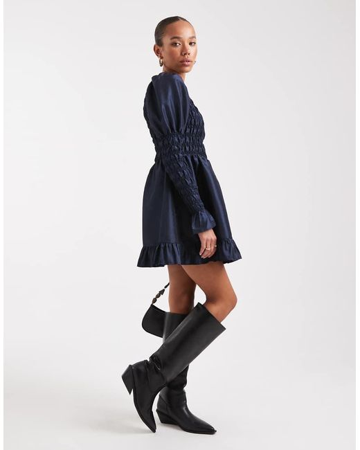 Daisy Street Blue Shirred Volume Sleeve Mini Dress