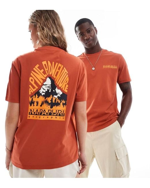 Napapijri Orange Niu Mountain Backprint T-shirt for men