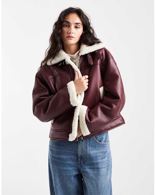 Pieces Red Leather Look And Borg Mix Short Jacket