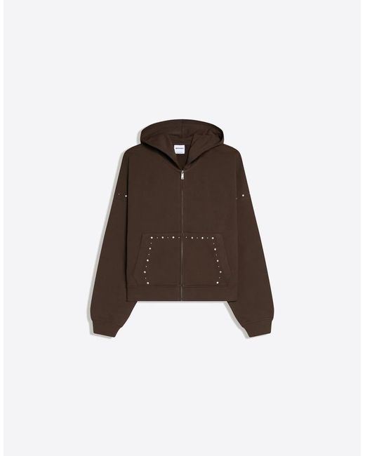 Bershka Brown Zip-up Studded Hood Sweatshirt