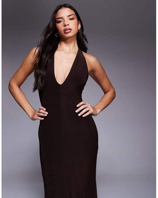 Fashionkilla Blue Exclusive Double Sculpted Slinky Plunge Halterneck Godet Hem Maxi Dress