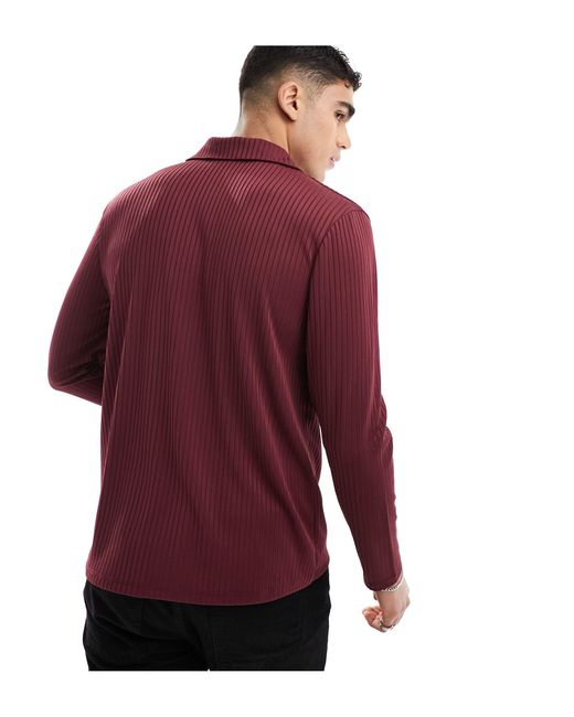 ASOS Red Long Sleeve Rib Jersey Shirt With Revere for men