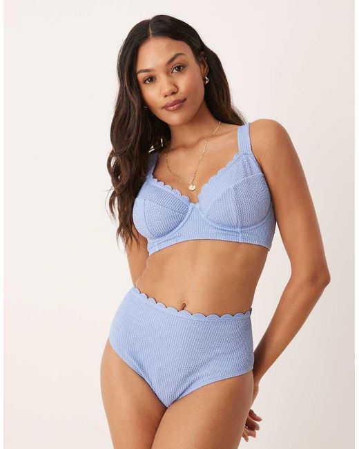 Peek & Beau Blue Crinkle High Waist Bikini Bottom With Scallop Detail