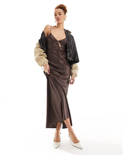 Lioness Brown Satin Asymmetric Tie Detail Cami Maxi Dress