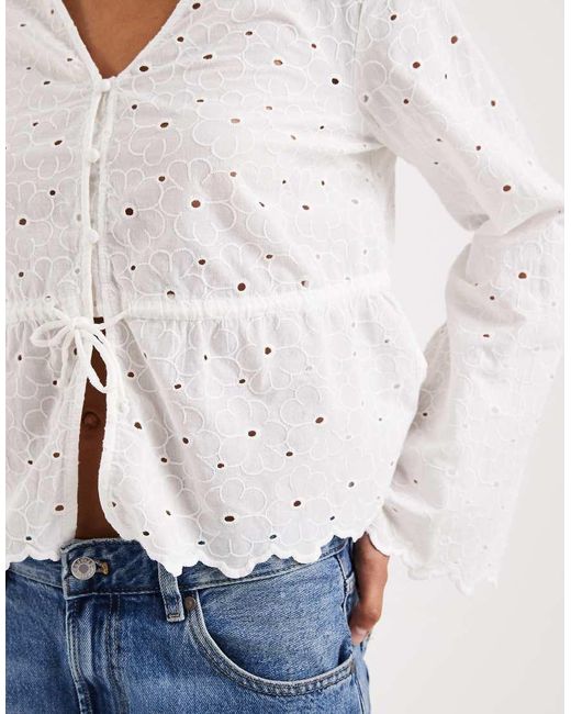 Pieces White Long Sleeve Embroidered Blouse With Waist Detail