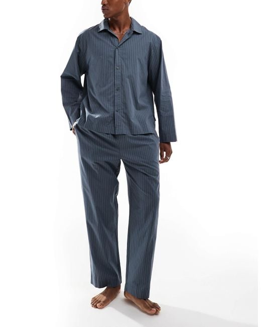 Calvin Klein Blue Cotton Poplin Button-Down Pyjama Set for men