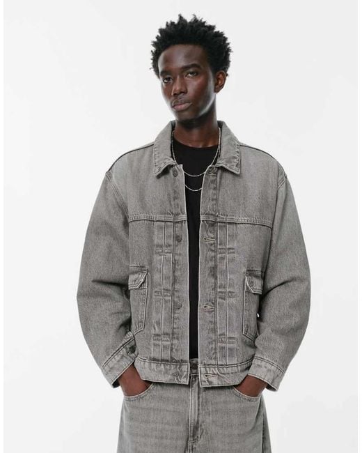 Pull&Bear Gray Denim Jacket With Pockets for men