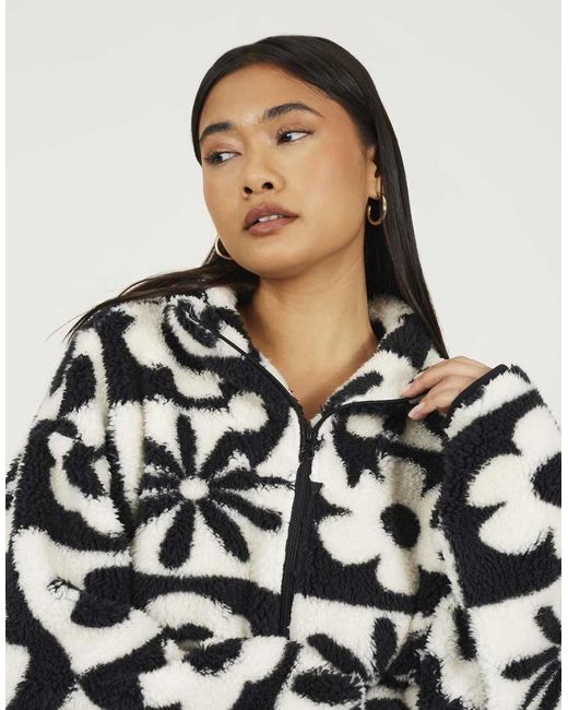Brave Soul White Graphic Flower Print Zip Through Sherpa Fleece