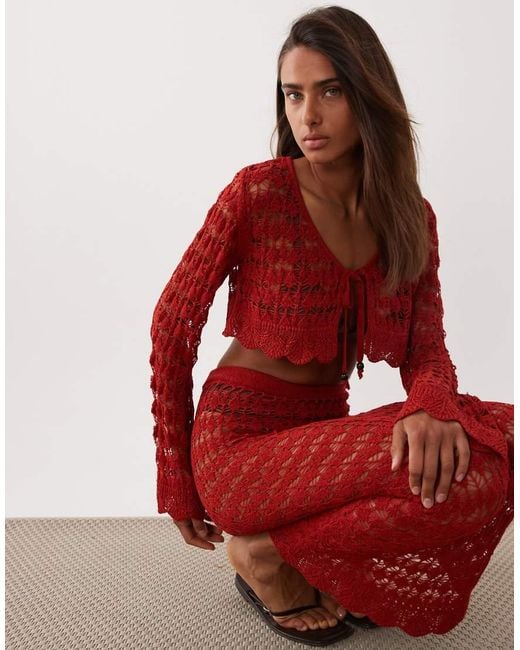 Miss Selfridge Red Crochet Long Sleeve Tie Front Cardigan