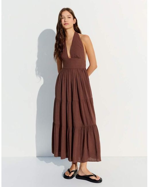 Bershka Brown Long Rustic Halter Dress