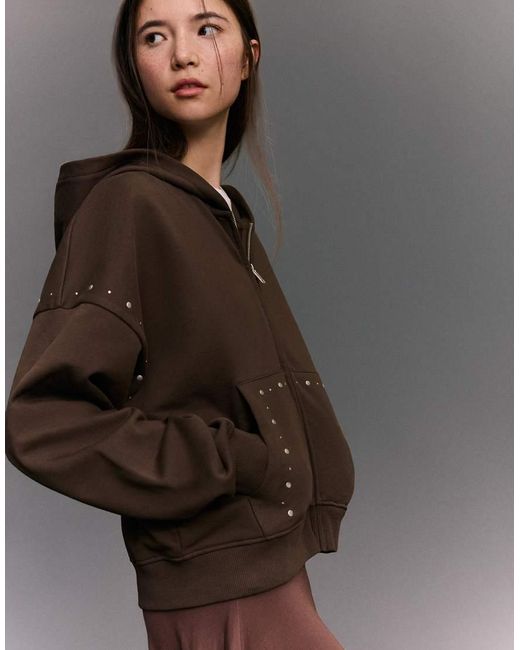 Bershka Brown Zip-up Studded Hood Sweatshirt