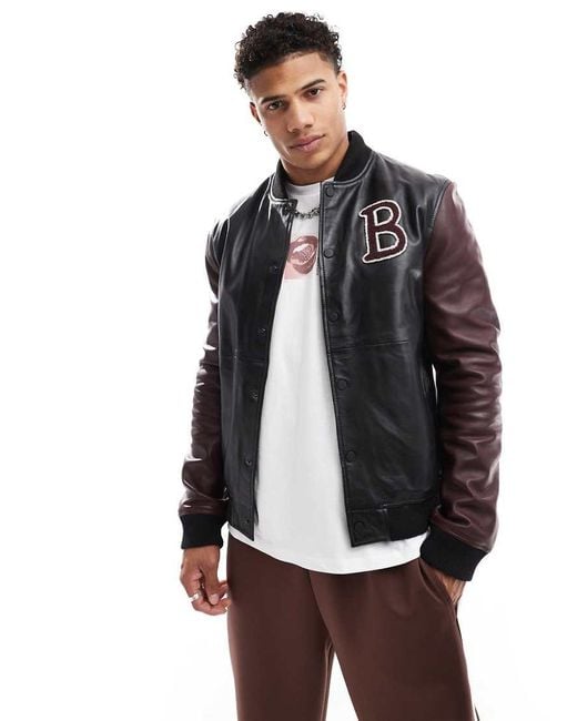 Barney's Originals Gray Real Leather Varsity Bomber Jacket for men