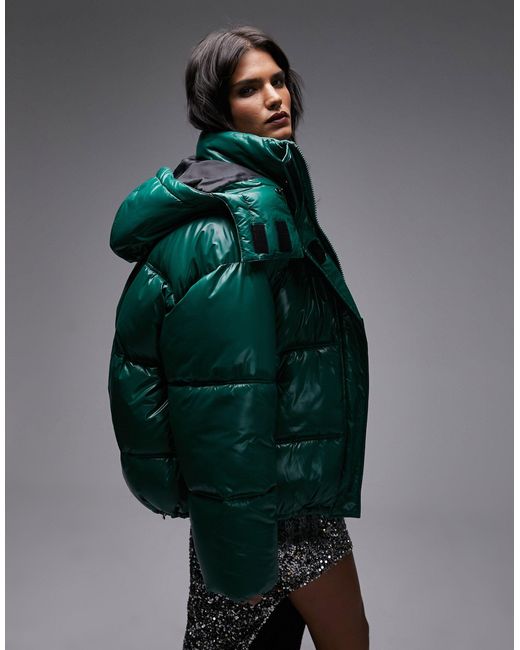 TOPSHOP Green Oversized Mid Length Puffer Jacket With Detachable Hood