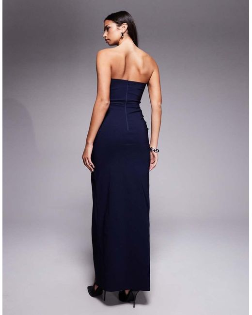 Vesper Blue Bengaline Bow Front Detail Bandeau Thigh Split Maxi Dress