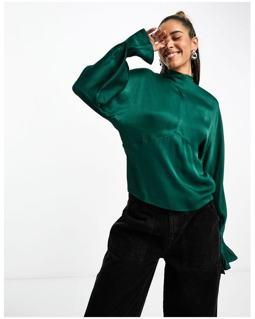 & Other Stories Green Satine Blouse With Tie Back Neck And Fluted Sleeve