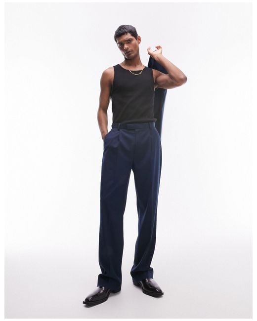 Topman Blue Straight High Waisted Trousers for men