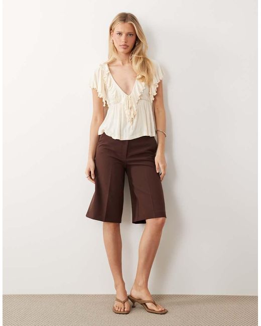 ASOS Natural Crinkle Plunge Ruffle Flutter Sleeve Top