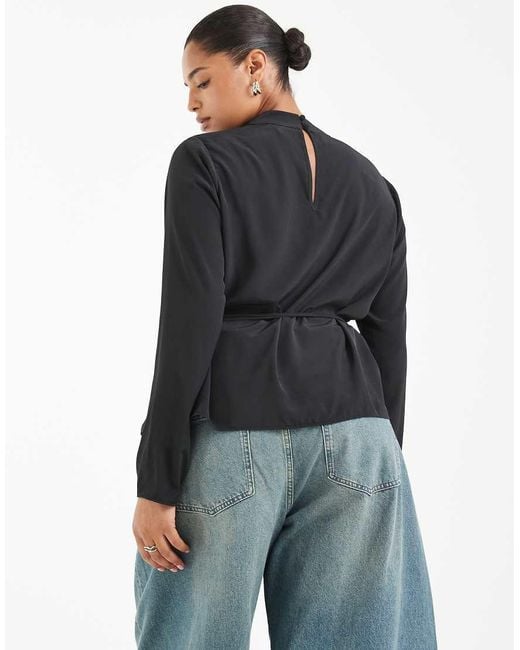 ASOS Black Asos Design Curve Cowl Neck Tie Waist Blouse