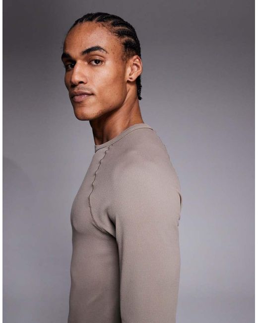 4505 Gray Seamless Rib Slim Fit Long Sleeve Raglan Top for men