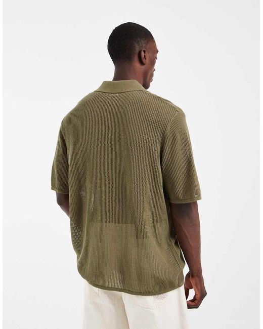 ASOS Green Relaxed Short Sleeve Knitted Mesh Notch Neck Polo for men