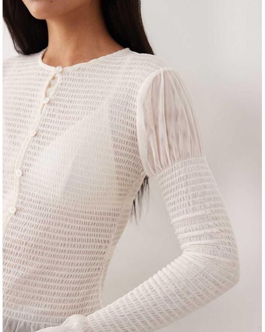 ASOS White Mesh Shirred Button Down Long Sleeve Top