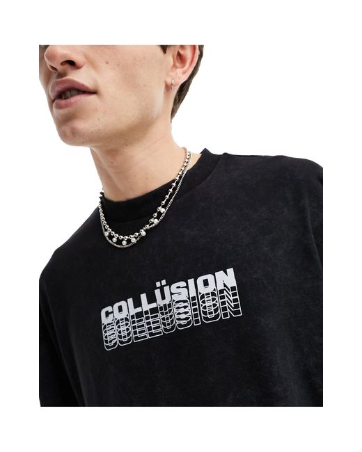 Top skater accollato con maniche a rete e stampa del logo di Collusion in Black da Uomo