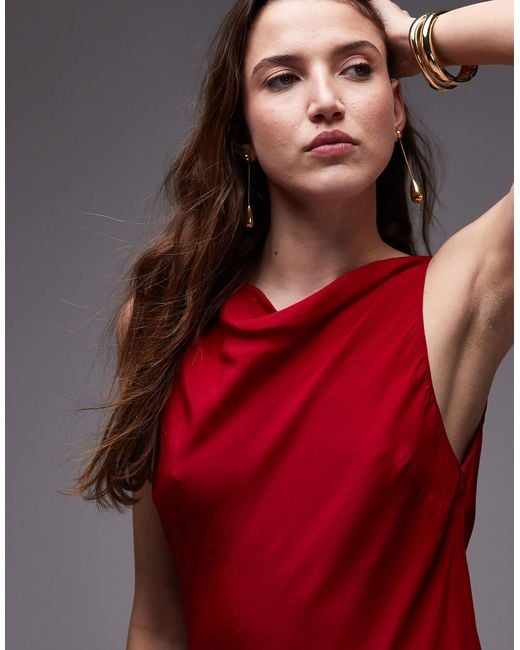 Mango Red Satin Drape Neck Maxi Dress