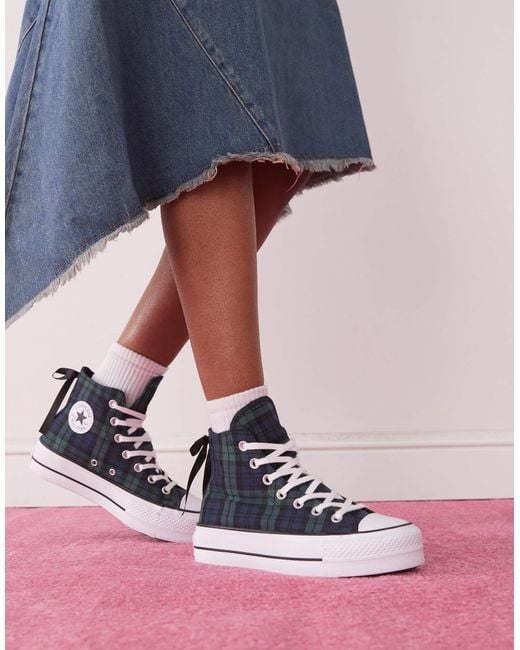 Chuck taylor all star lift hi - baskets montantes à carreaux écossais et plateforme - et vert Converse en coloris Blue