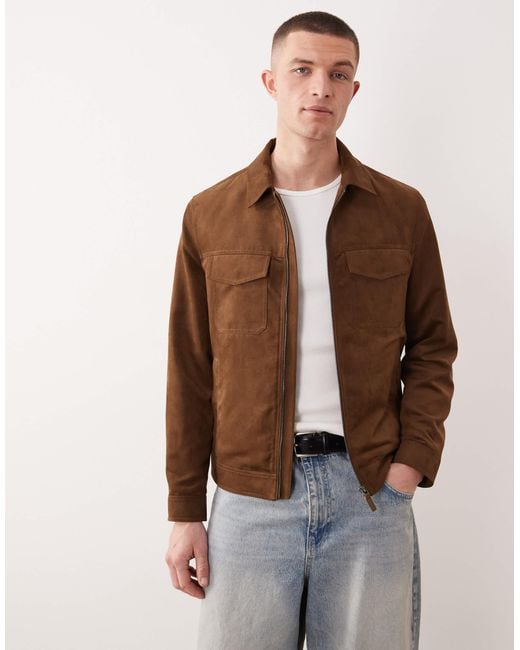 Mango Brown Faux Suede Zip Through Jacket for men
