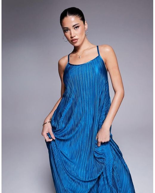 River Island Blue Plisse Maxi Dress With Metal Trim