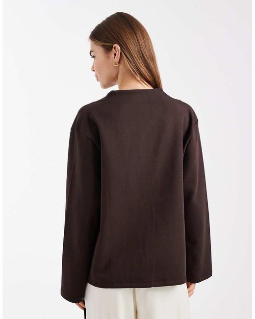 ASOS Brown Long Sleeve Plunge With Button Detail Top