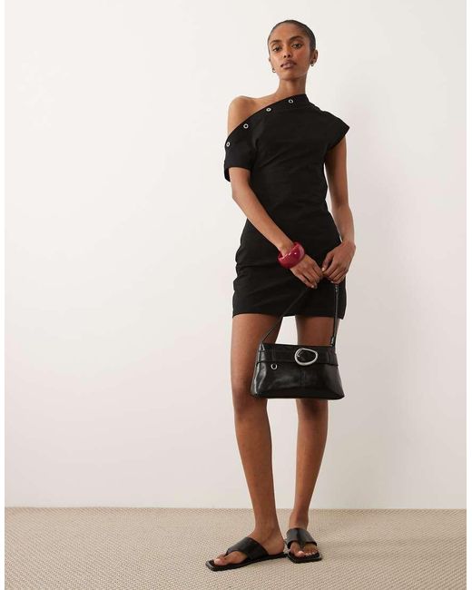 ASOS Black Eyelet Detail Off The Shoulder Mini Dress