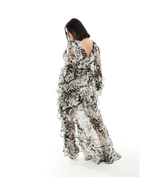 Asos design curve - robe longue à manches longues et imprimé fleuri avec volants et empiècements en dentelle - noir et blanc ASOS en coloris White