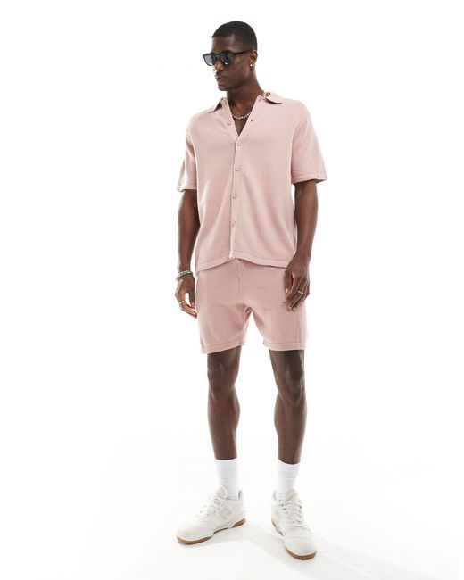 ASOS Pink Midweight Knitted Cotton Button Through Polo for men