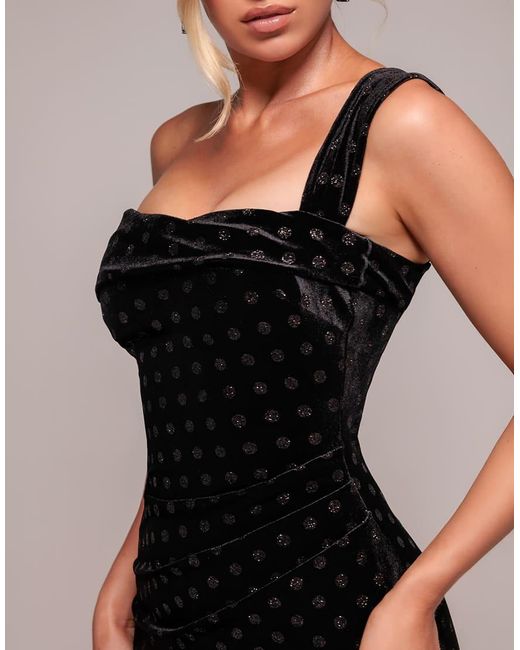 Goddiva Black Glitter Polka Dot Velvet One Shoulder Maxi Dress