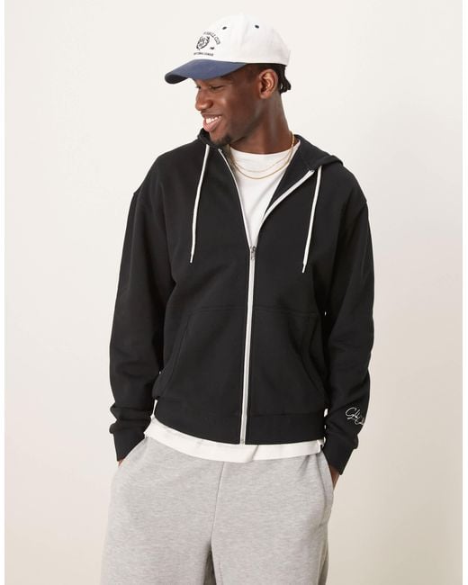 ASOS Black Zip Through Hoodie With Chest And Back Print for men