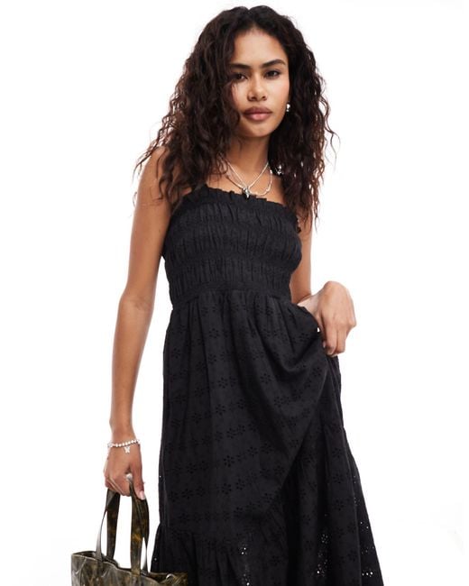 French Connection Black Shirred Broderie Midi Sun Dress